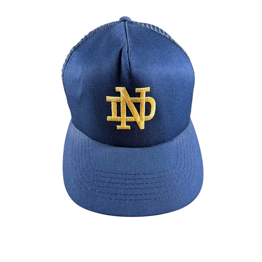 VTG 80s Notre Dame Blue Snapback Hat Gold ND Logo Lou Holtz Era Made in USA Cap